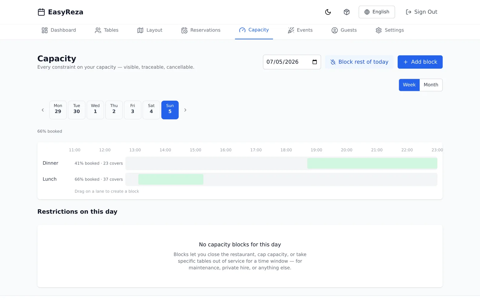 Capacity page with coverage calendar and day timeline