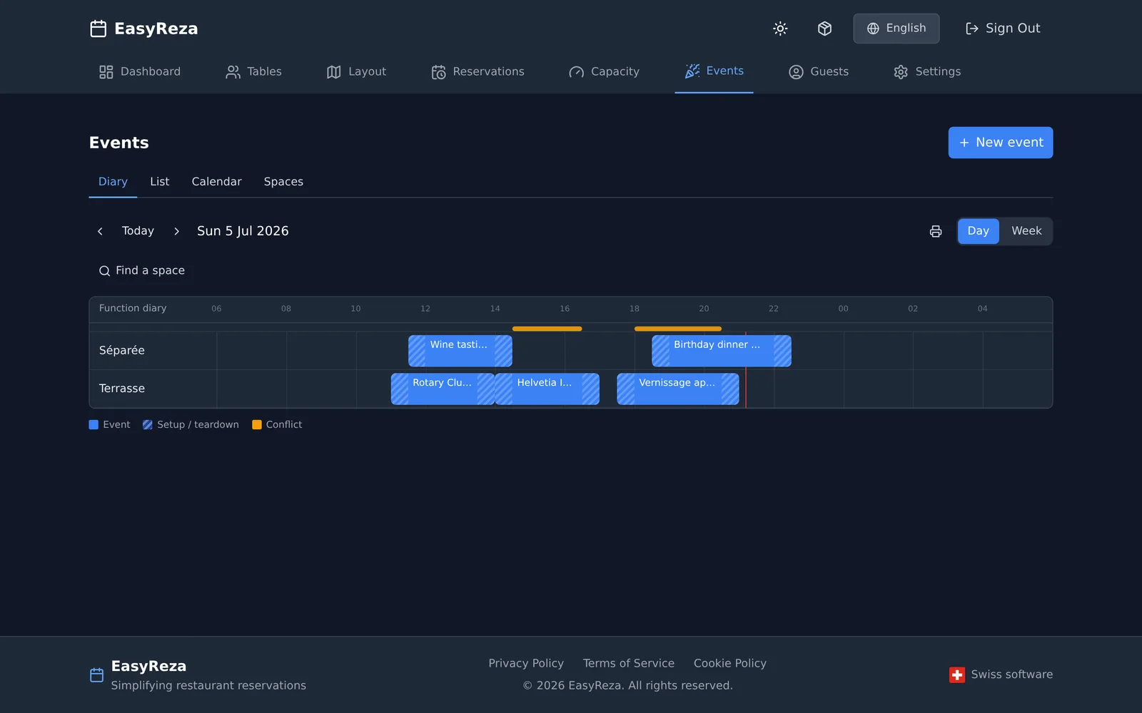 Function diary with event bars across the week