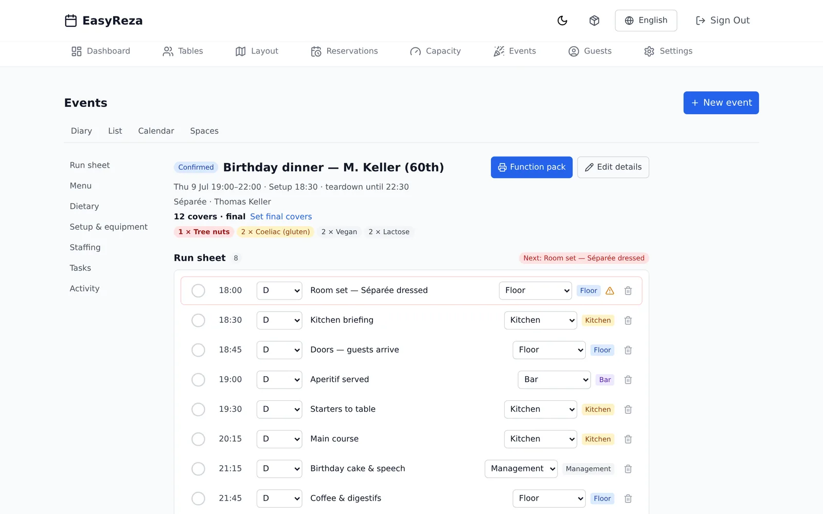 Event operations workspace with run sheet, dietary matrix and staffing