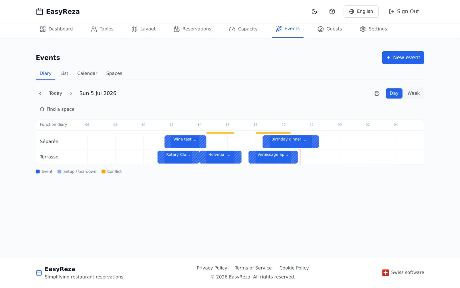 Function diary with event bars across the week